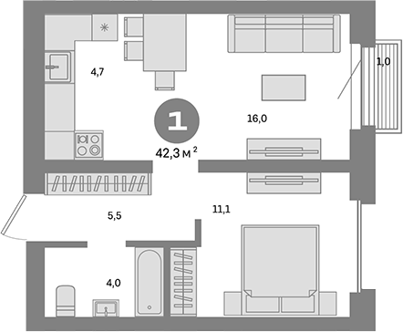 Планировка — Метроном, 1-комн., 41 м²