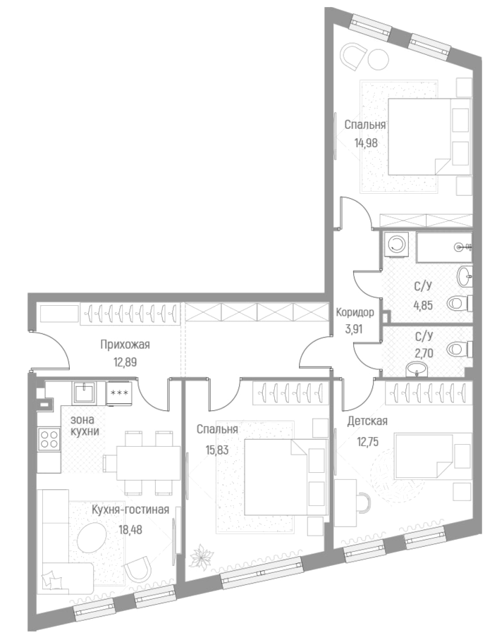 Планировка — Эльйон, 3-комн., 86 м²