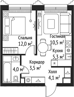 Планировка — Сет, 2-комн., 39 м²