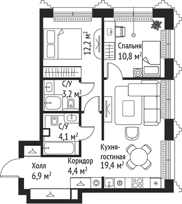Планировка — Сет, 3-комн., 61 м²
