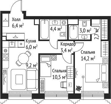 Планировка — Сет, 3-комн., 60 м²