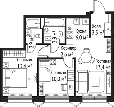Планировка — Сет, 3-комн., 56 м²
