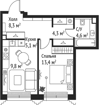 Планировка — Сет, 2-комн., 46 м²