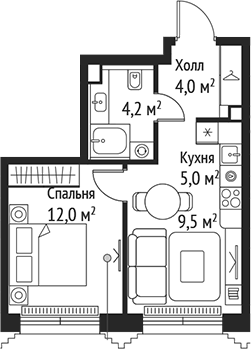 Планировка — Сет, 2-комн., 35 м²
