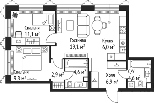 Планировка — Сет, 3-комн., 65 м²