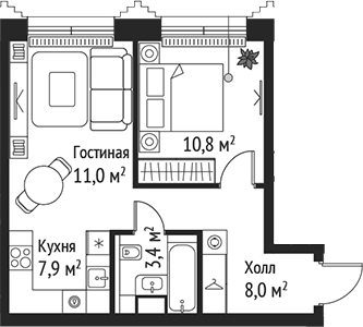 Планировка — Сет, 2-комн., 41 м²