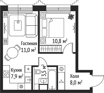 Планировка — Сет, 2-комн., 41 м²