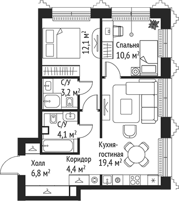 Планировка — Сет, 3-комн., 61 м²