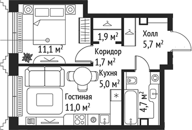 Планировка — Сет, 2-комн., 41 м²