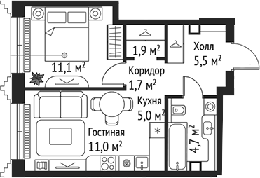 Планировка — Сет, 2-комн., 41 м²