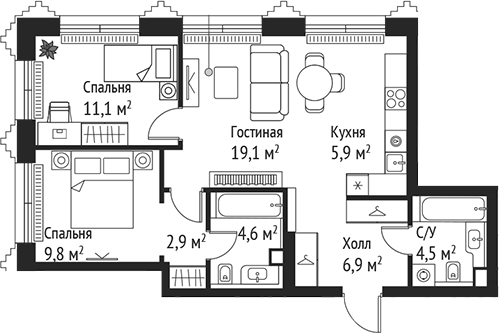 Планировка — Сет, 3-комн., 65 м²