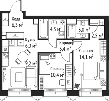 Планировка — Сет, 3-комн., 59 м²