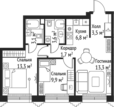 Планировка — Сет, 3-комн., 55 м²