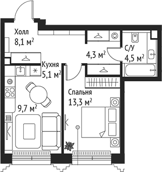 Планировка — Сет, 2-комн., 45 м²