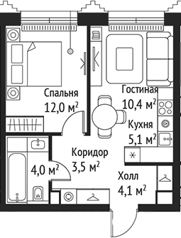 Планировка — Сет, 2-комн., 39 м²