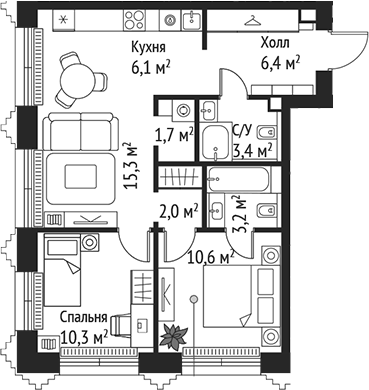Планировка — Сет, 3-комн., 59 м²