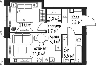 Планировка — Сет, 2-комн., 41 м²