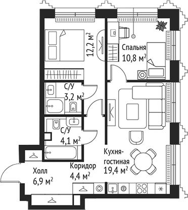 Планировка — Сет, 3-комн., 61 м²