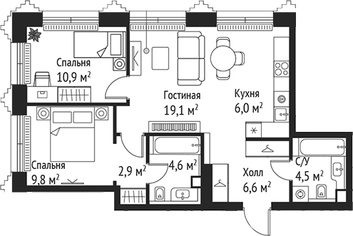 Планировка — Сет, 3-комн., 64 м²