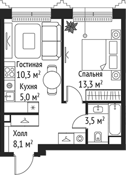 Планировка — Сет, 2-комн., 40 м²