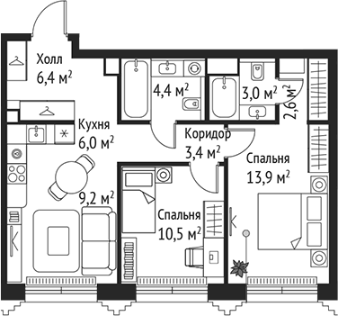 Планировка — Сет, 3-комн., 59 м²