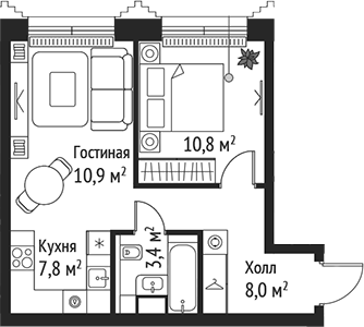 Планировка — Сет, 2-комн., 41 м²