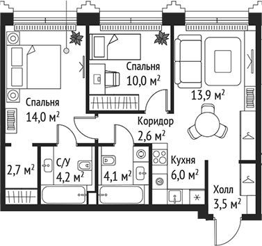 Планировка — Сет, 3-комн., 61 м²