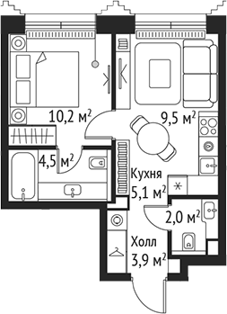 Планировка — Сет, 2-комн., 35 м²