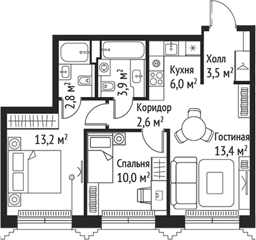 Планировка — Сет, 3-комн., 55 м²