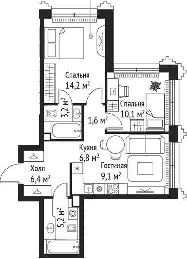 Планировка — Сет, 3-комн., 57 м²