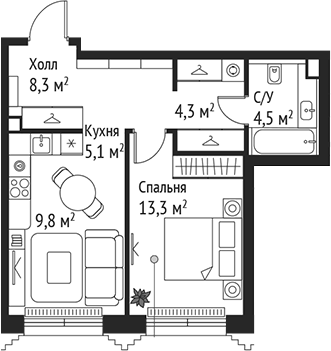 Планировка — Сет, 2-комн., 45 м²