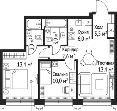 Планировка — Сет, 3-комн., 56 м²