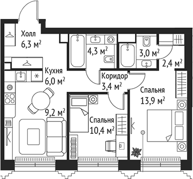 Планировка — Сет, 3-комн., 59 м²