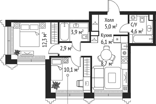 Планировка — Сет, 3-комн., 54 м²