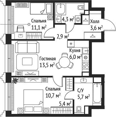 Планировка — Сет, 3-комн., 63 м²