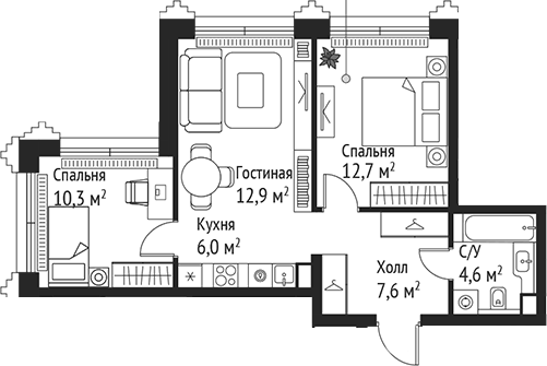Планировка — Сет, 3-комн., 54 м²