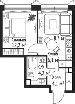 Планировка — Сет, 2-комн., 35 м²