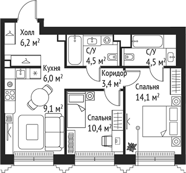 Планировка — Сет, 3-комн., 58 м²