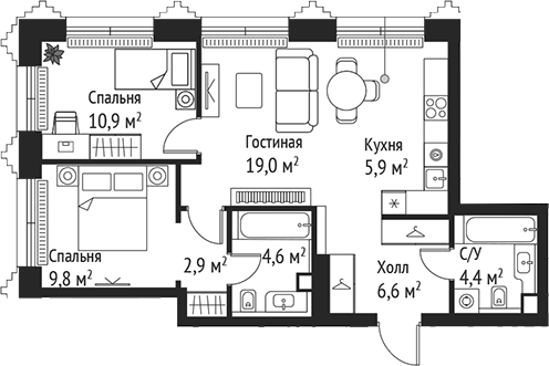 Планировка — Сет, 3-комн., 64 м²