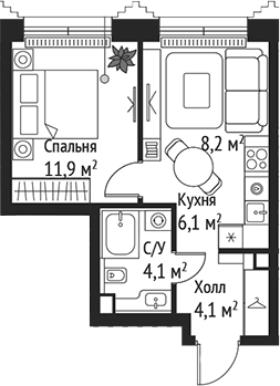 Планировка — Сет, 2-комн., 34 м²