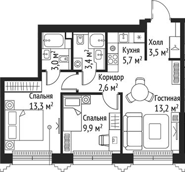 Планировка — Сет, 3-комн., 55 м²