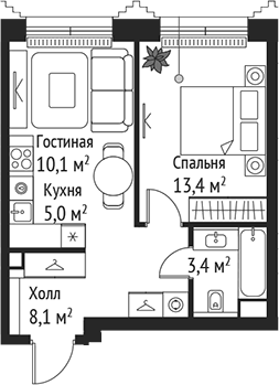 Планировка — Сет, 2-комн., 40 м²