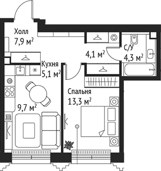 Планировка — Сет, 2-комн., 44 м²