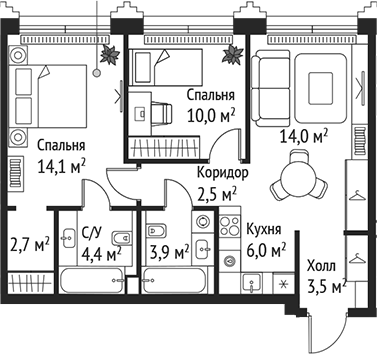 Планировка — Сет, 3-комн., 61 м²
