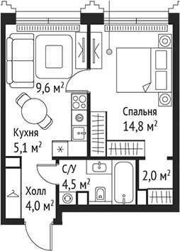 Планировка — Сет, 2-комн., 40 м²