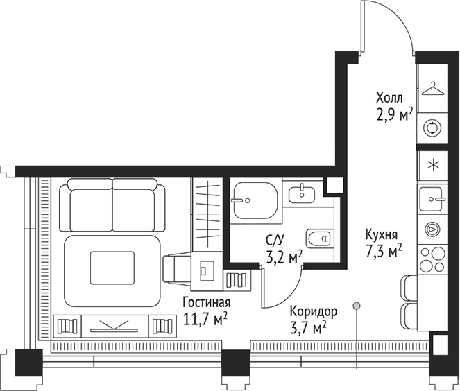 Планировка — Сет, Студия, 29 м²