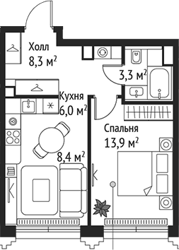 Планировка — Сет, 2-комн., 40 м²