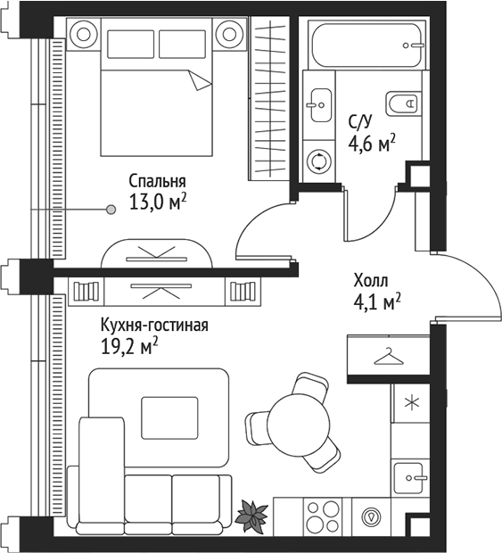 Планировка — Сет, 2-комн., 41 м²