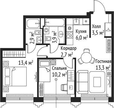 Планировка — Сет, 3-комн., 56 м²