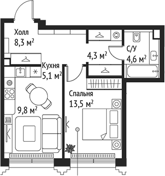 Планировка — Сет, 2-комн., 46 м²